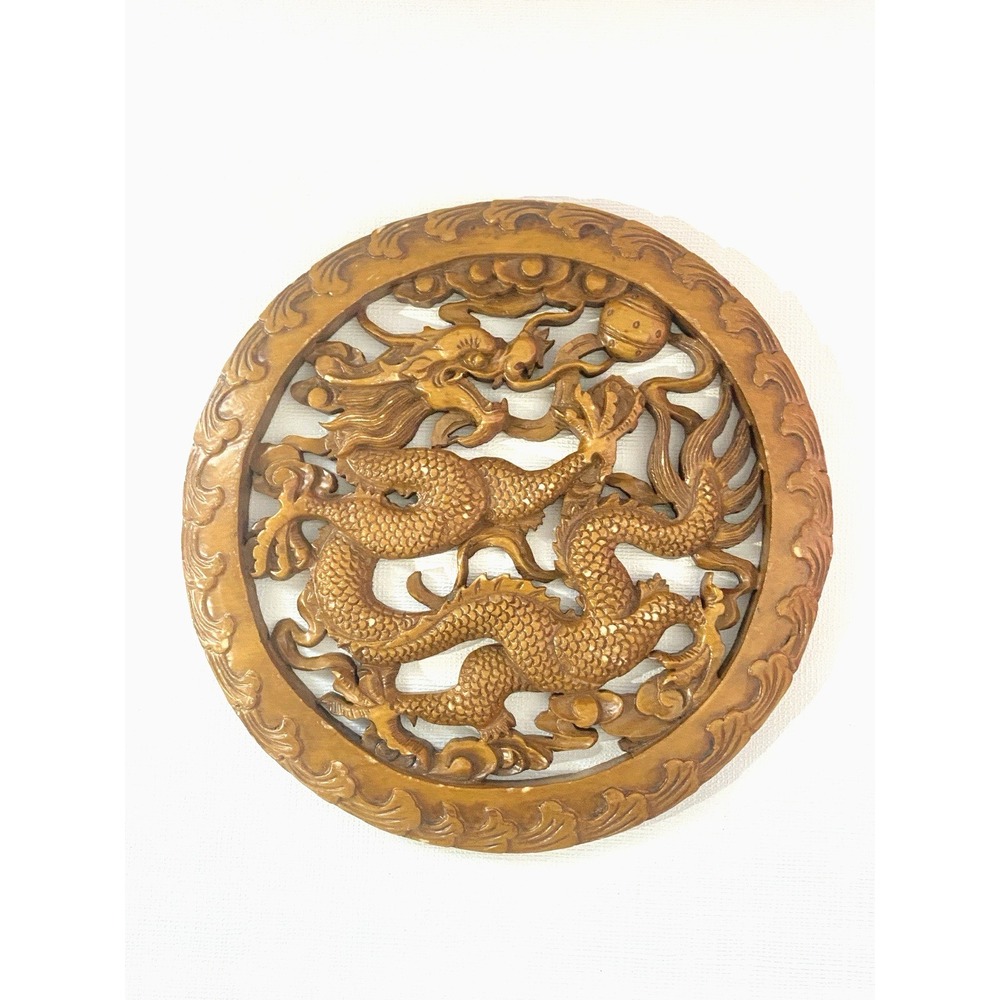 11"‎ Chinese Camphor Wood Hand Carved Dragon Statue Wall Sculpture Plate Decor